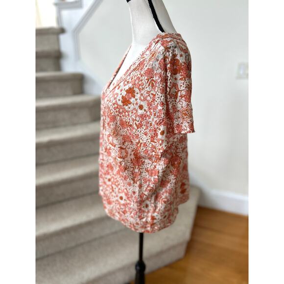 Rachel Zoe Orange Floral Block Print Linen Short Sleeve V-Neck Henley T-Shirt - Picture 3 of 6